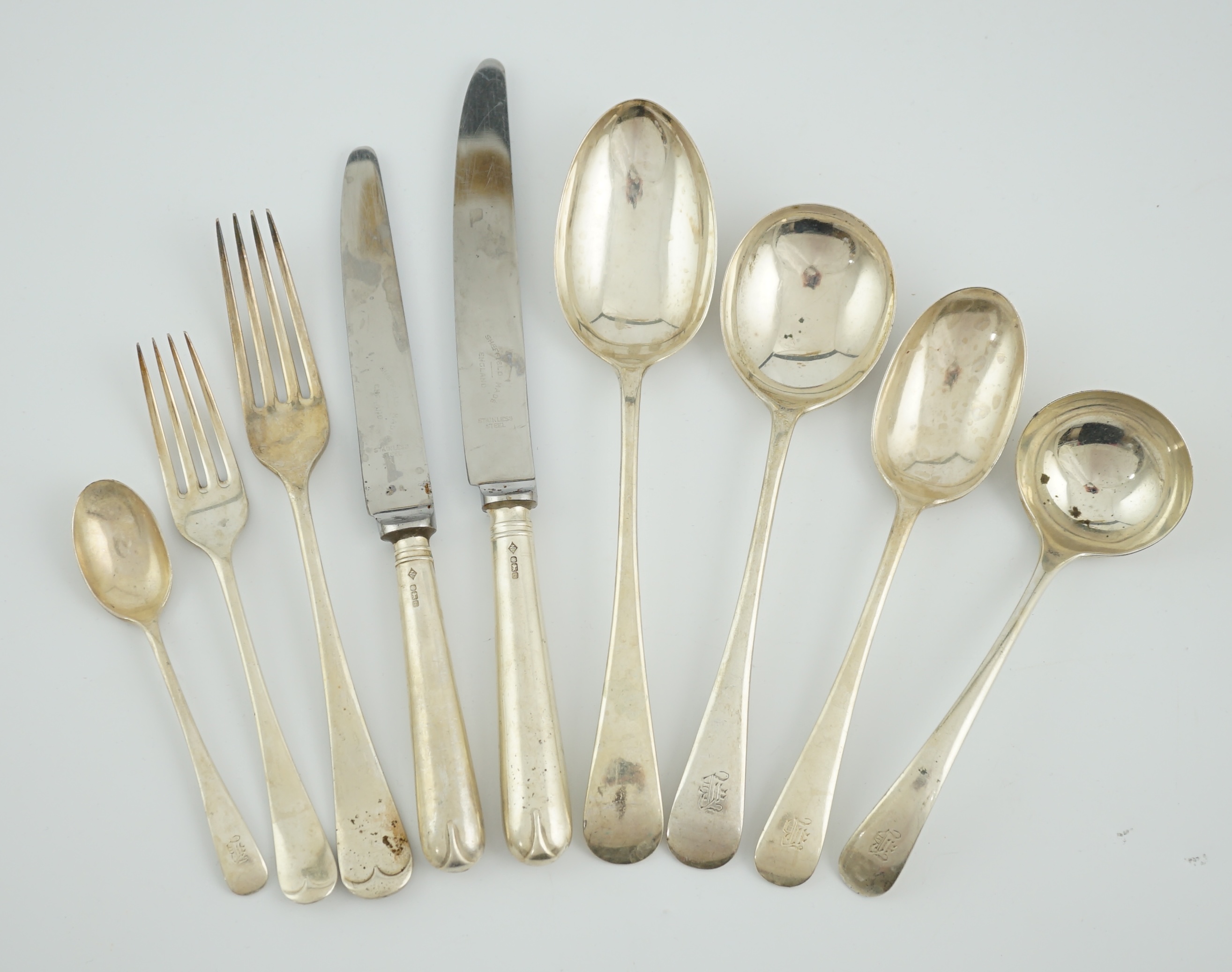 A part canteen of George VI silver Old English pattern flatware by Walker & Hall